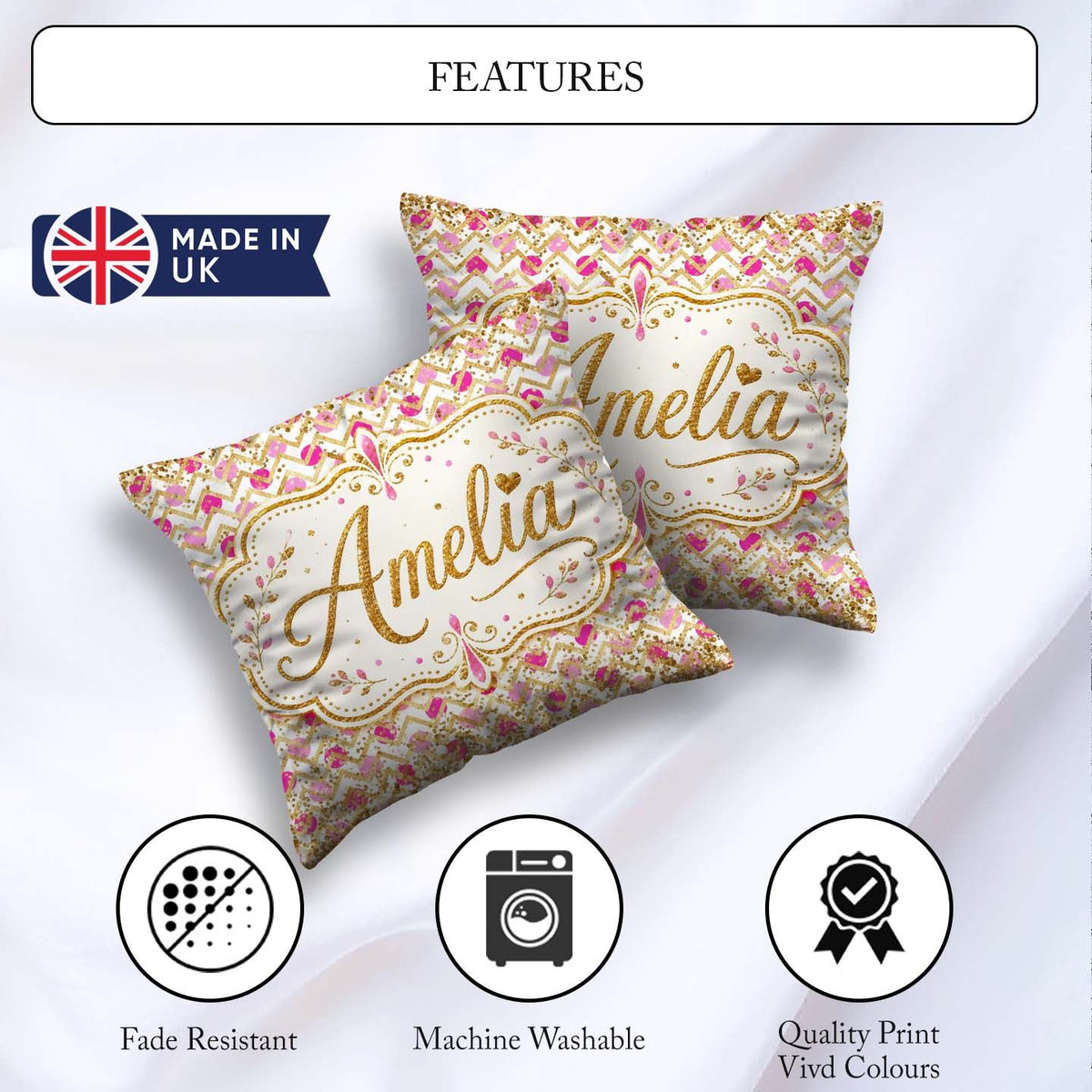 Custom Name Pink Gold Chevron Glitter Dot Seamless Design Modern Square Filled Cushion Throw Pillow Sofa Bed Home Decor Zip Washable UK Made