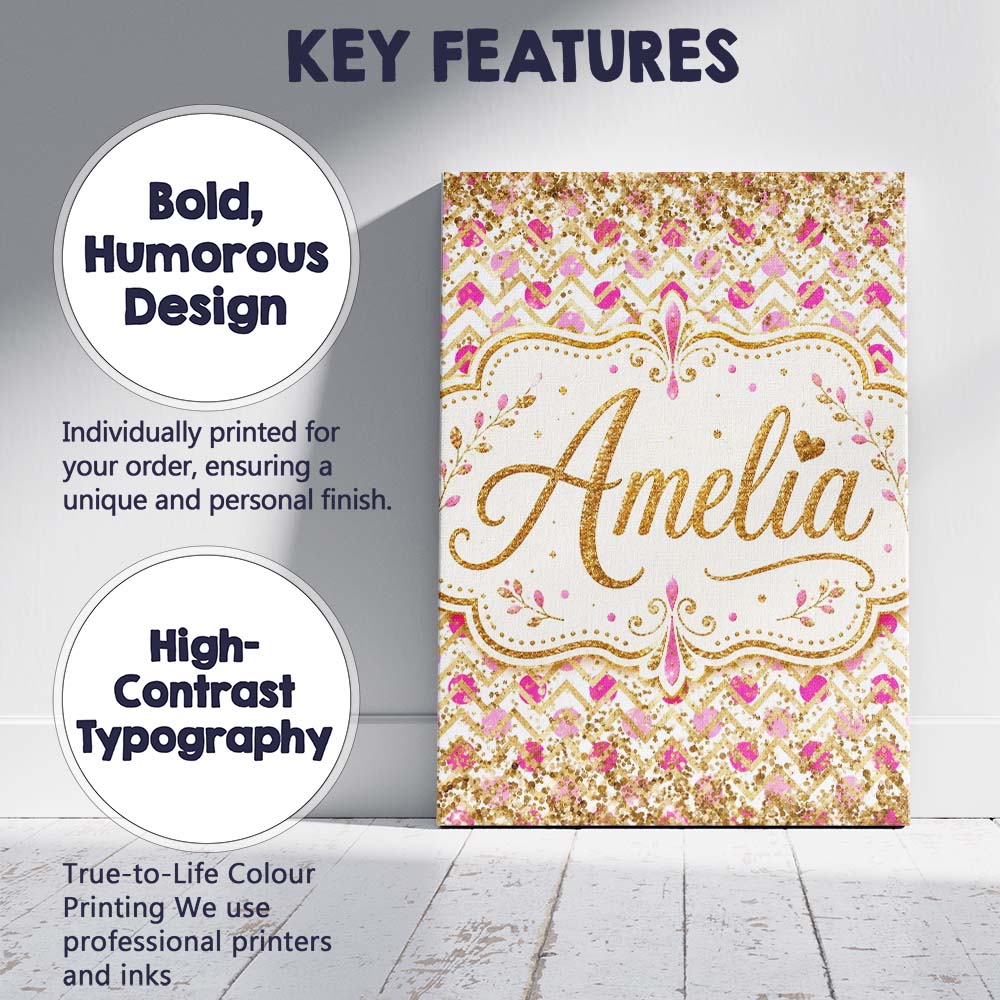 Personalised Name Pink Gold Chevron Glitter Custom  Bespoke Interior Contemporary Canvas Wall Art Print Decor Picture Ready to Hang