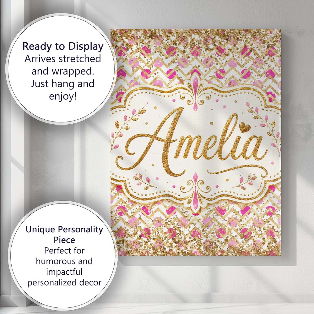 Personalised Name Pink Gold Chevron Glitter Custom  Bespoke Interior Contemporary Canvas Wall Art Print Decor Picture Ready to Hang