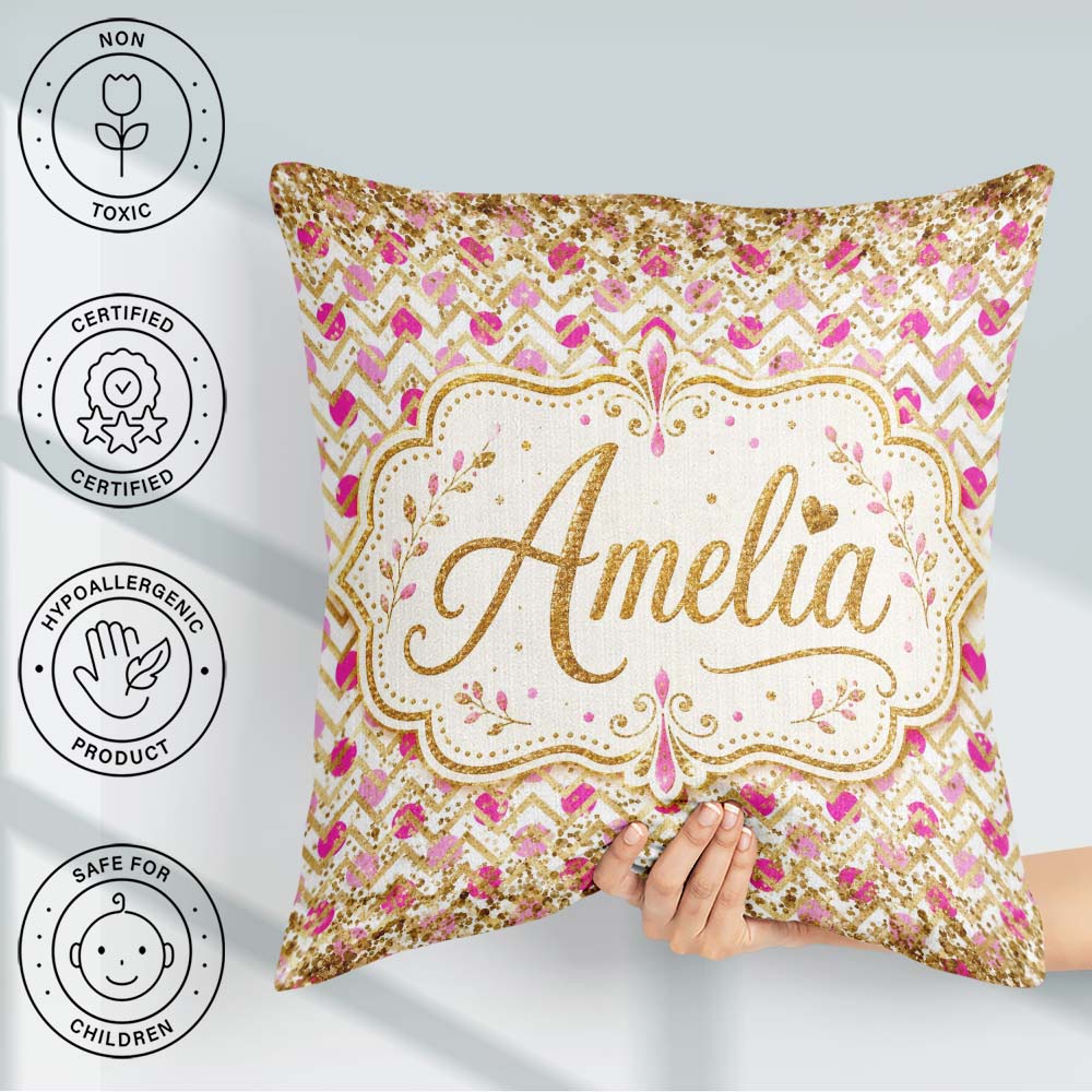 Custom Name Pink Gold Chevron Glitter Dot Seamless Design Modern Square Filled Cushion Throw Pillow Sofa Bed Home Decor Zip Washable UK Made