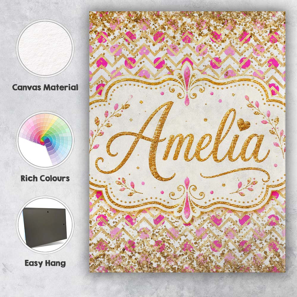 Personalised Name Pink Gold Chevron Glitter Custom  Bespoke Interior Contemporary Canvas Wall Art Print Decor Picture Ready to Hang