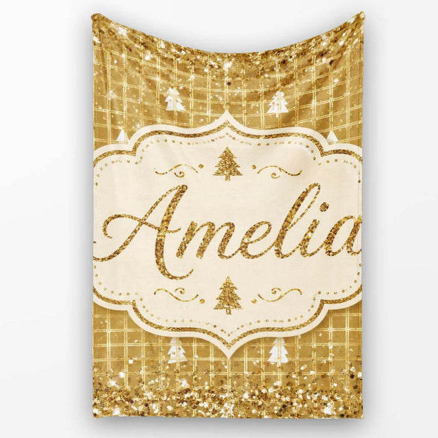 Gold Grid Christmas Tree Glitter Leopard Seamless Pattern Design  Personalised Custom Name Super Soft Fleece Blanket Bed Sofa Throw