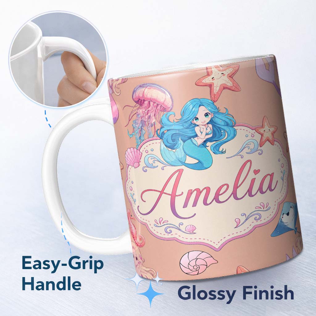 Personalized Custom Name Cute Kawaii Mermaid Ocean Friends Jellyfish Starfish Peach Lovely 11oz Ceramic Coffee Tea Mug White Large Handle