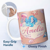 Personalized Custom Name Cute Kawaii Mermaid Ocean Friends Jellyfish Starfish Peach Lovely 11oz Ceramic Coffee Tea Mug White Large Handle