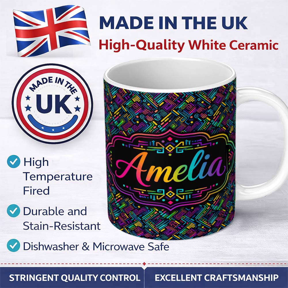 Personalized Custom Name Modern Neon Circuit Board Geometric Seamless Pattern Lovely 11oz Ceramic Coffee Tea Mug White Large Handle