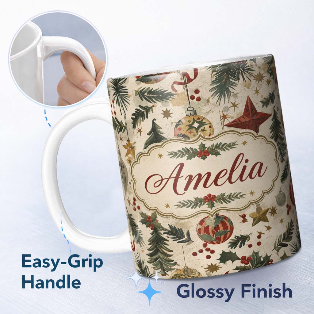 Personalized Custom Name Classic Christmas Ornaments Pine Branches Stars and Festive Baubles 11oz Ceramic Coffee Tea Mug White Large Handle
