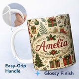 Personalized Custom Name Christmas Tree Gift Stocking Ornament Holiday Seamless Pattern 11oz Ceramic Coffee Tea Mug White Large Handle