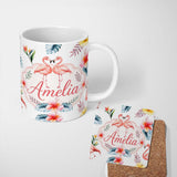 Personalized Custom Name Elegant Pink Flamingos Tropical Flowers on Light Grey Background 11oz Ceramic Coffee Tea Mug White Large Handle