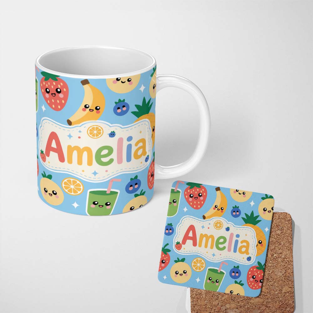 Personalized Custom Name Cute Kawaii Fruits Smoothie Banana Strawberry Pineapple Seamless 11oz Ceramic Coffee Tea Mug White Large Handle