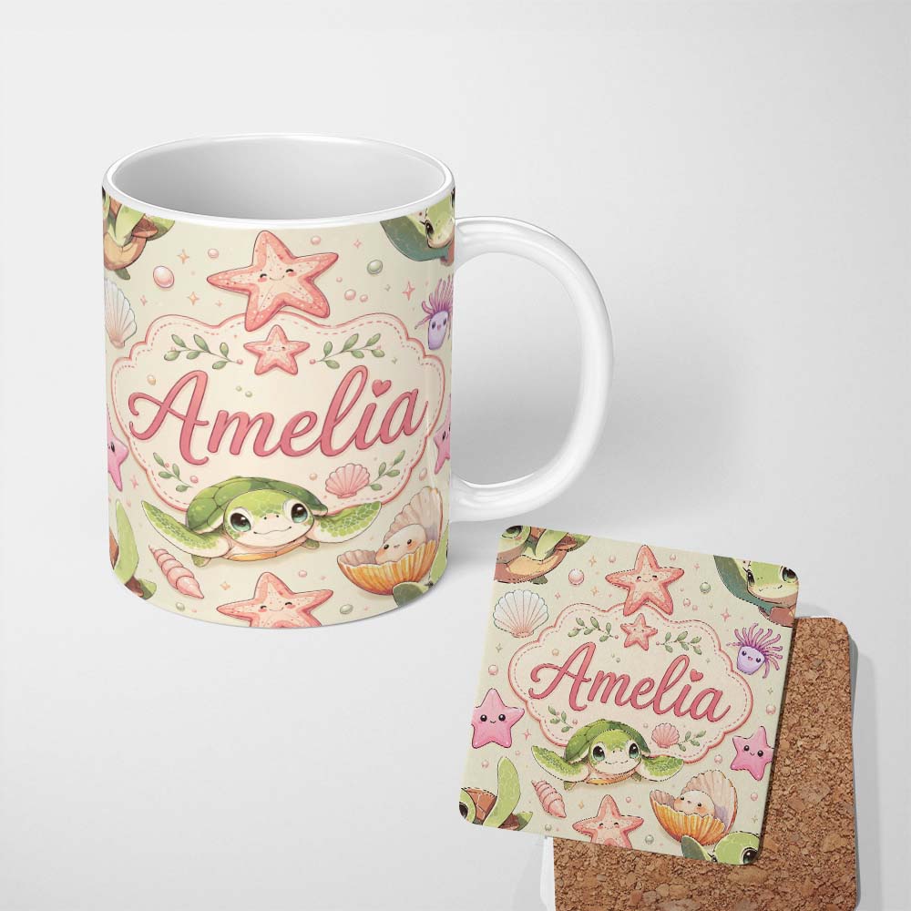 Personalized Custom Name Cute Sea Turtle Starfish Shell Kawaii Ocean Seamless Pattern Beige 11oz Ceramic Coffee Tea Mug White Large Handle