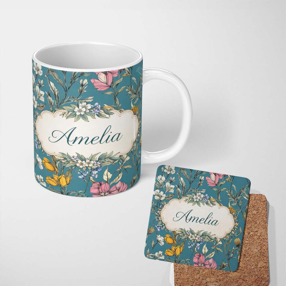 Personalized Custom Name Minimal Daisy Flower Soft Green Seamless Pattern Cute Unique Gift 11oz Ceramic Coffee Tea Mug White Large Handle