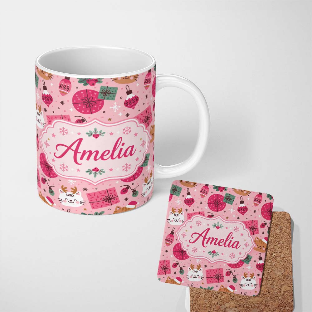 Personalized Custom Name Cute Cat Reindeer Christmas Baubles Gift Seamless Pattern Lovely 11oz Ceramic Coffee Tea Mug White Large Handle