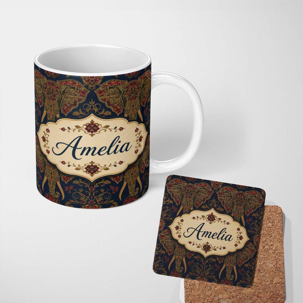 Personalized Custom Name Detailed Mandala Elephant Head Ornamental Seamless Pattern Lovely 11oz Ceramic Coffee Tea Mug White Large Handle