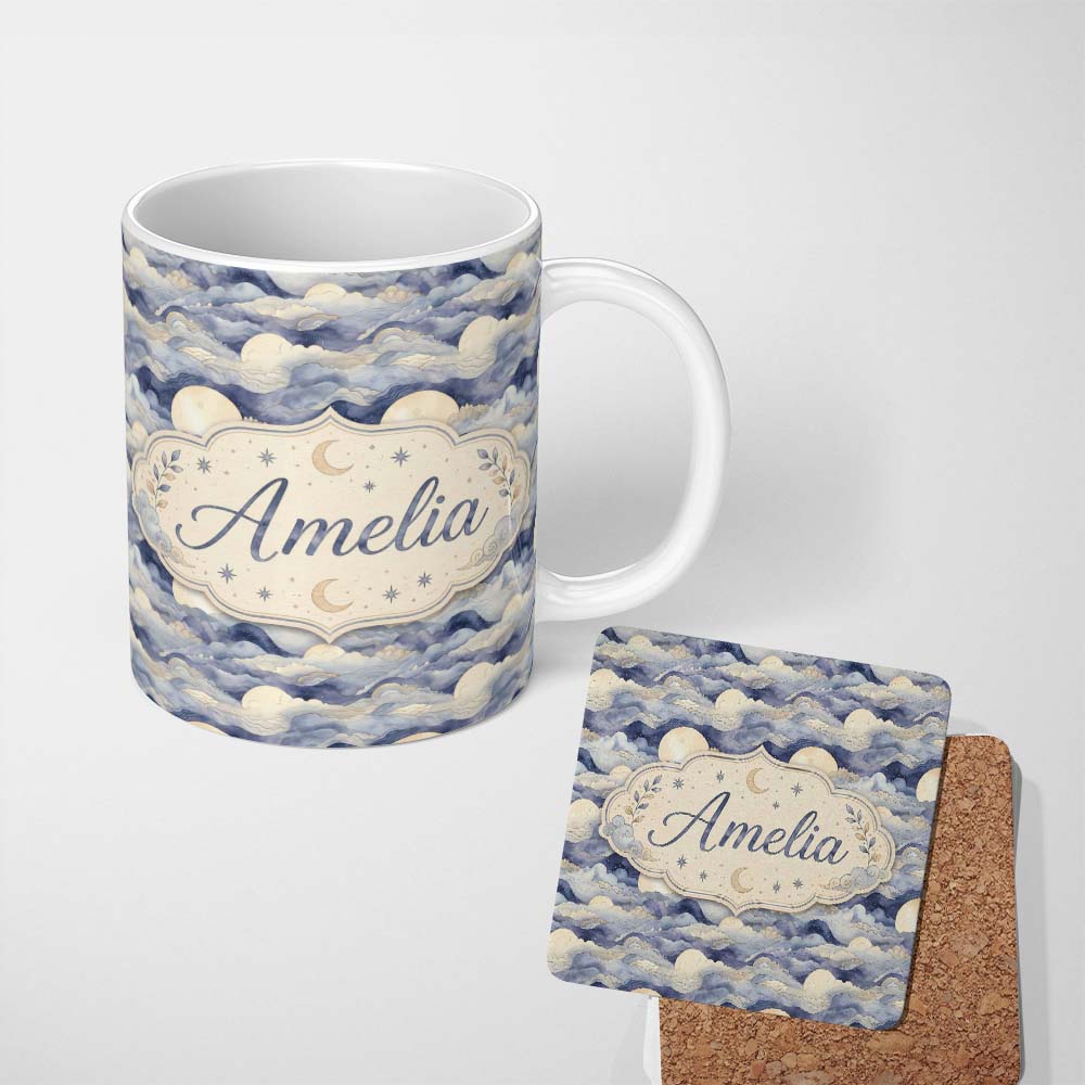 Personalized Custom Name Layered Clouds and Moon Dreamscape Seamless Pattern Cute Unique Gift 11oz Ceramic Coffee Tea Mug White Large Handle