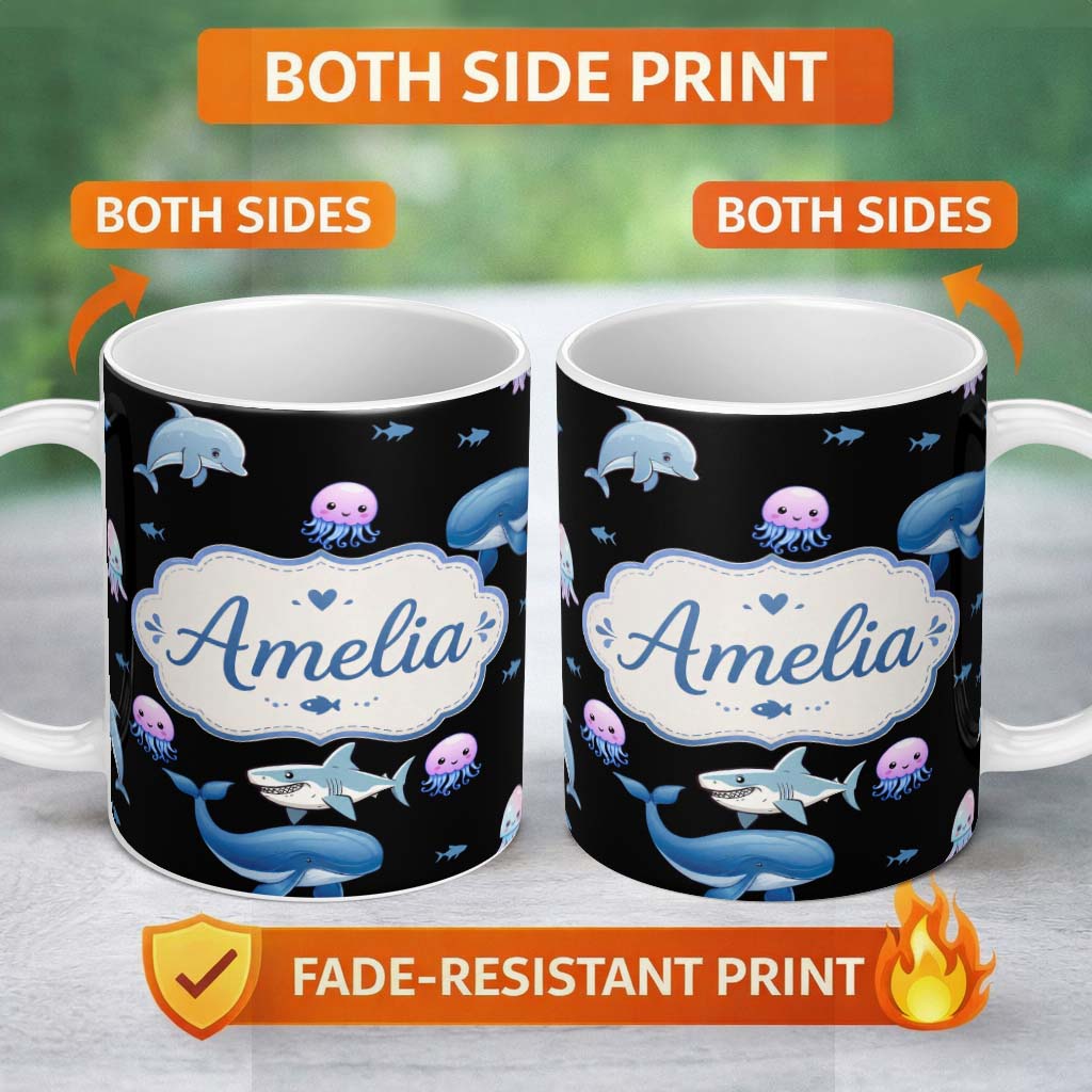 Personalized Custom Name Cute Dolphin Shark and Jellyfish Ocean Animals Black Background 11oz Ceramic Coffee Tea Mug White Large Handle