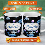 Personalized Custom Name Cute Dolphin Shark and Jellyfish Ocean Animals Black Background 11oz Ceramic Coffee Tea Mug White Large Handle