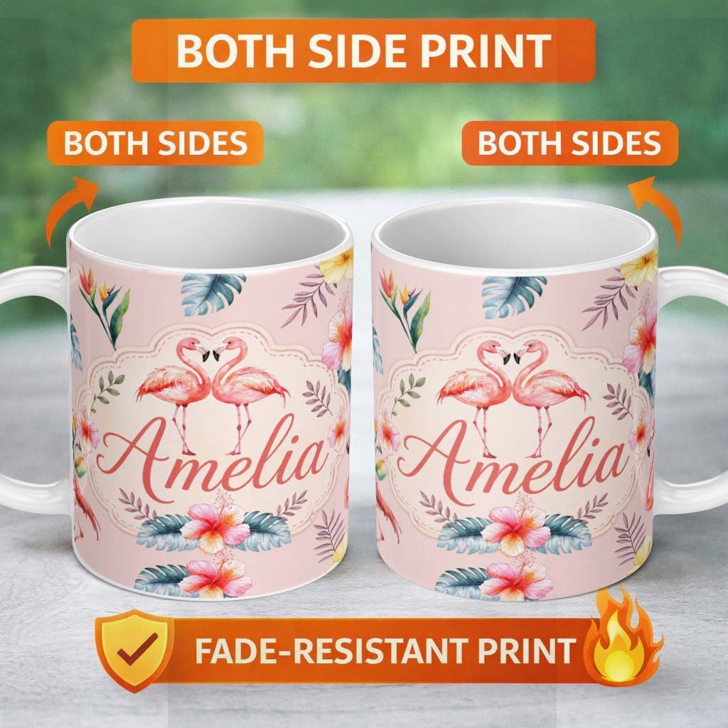 Personalized Custom Name Elegant Pink Flamingos Tropical Flowers on Pink Background Seamless 11oz Ceramic Coffee Tea Mug White Large Handle