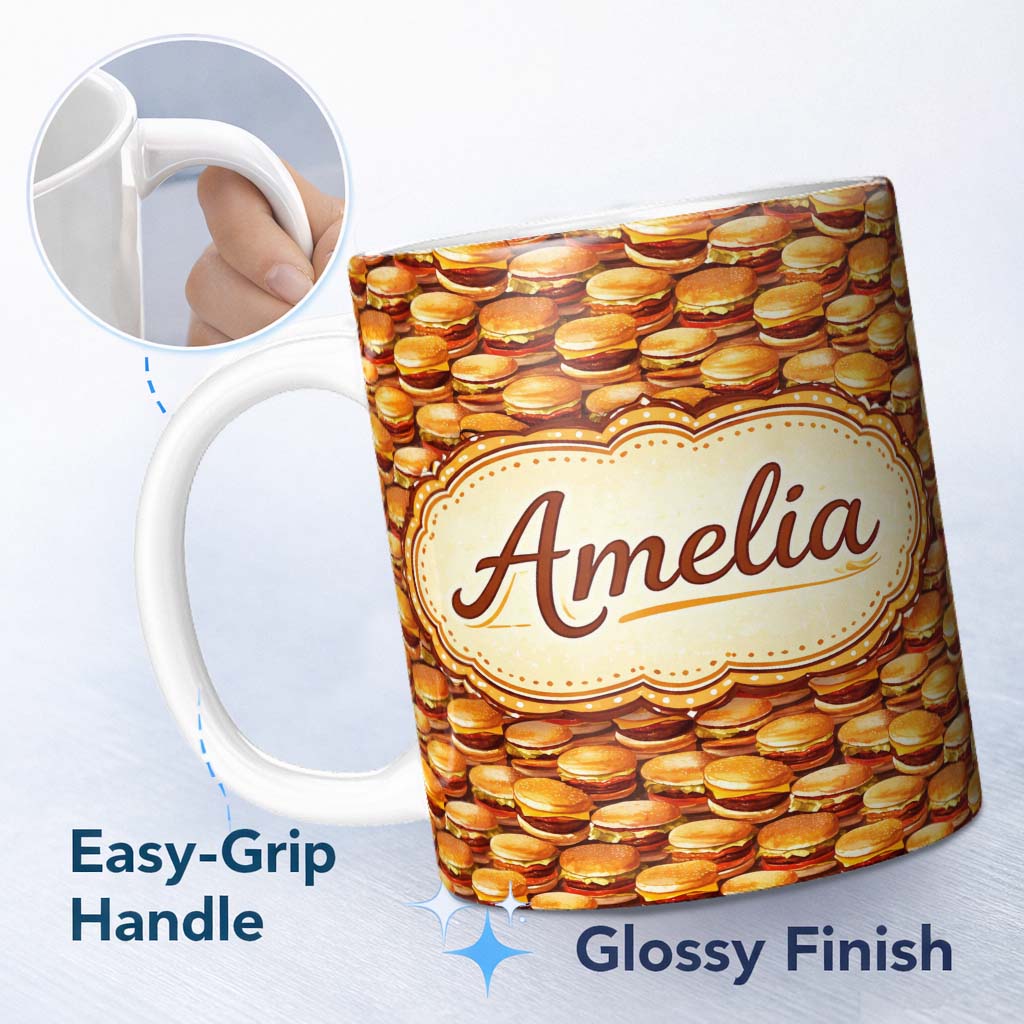 Personalized Custom Name Vintage Burger Cluster Seamless Pattern Fast Food Illustration 11oz Ceramic Coffee Tea Mug White Large Handle