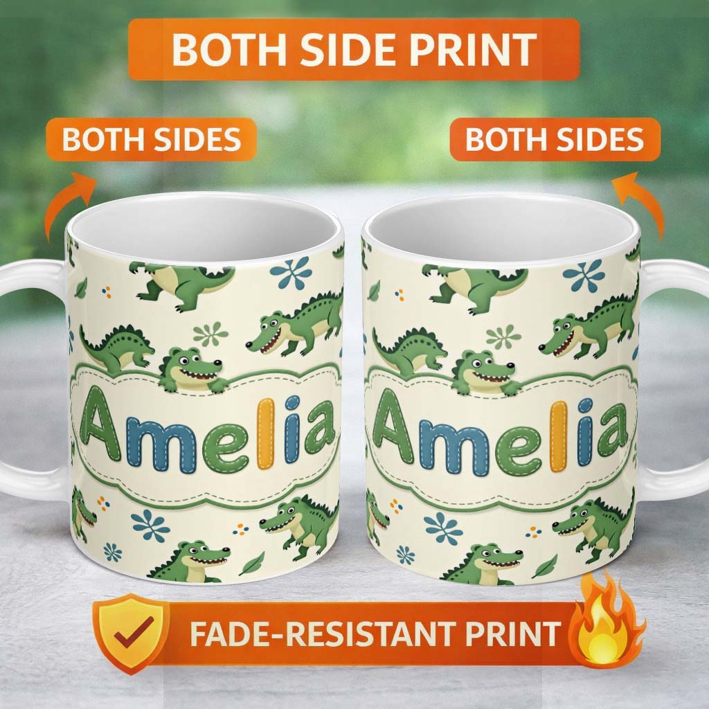 Personalized Custom Name Cute Cartoon Crocodiles Jungle Leaves Playful Animal Seamless Lovely 11oz Ceramic Coffee Tea Mug White Large Handle