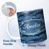 Personalized Custom Name Deep Blue Whale Underwater Seamless Pattern Ocean Marine Design 11oz Ceramic Coffee Tea Mug White Large Handle