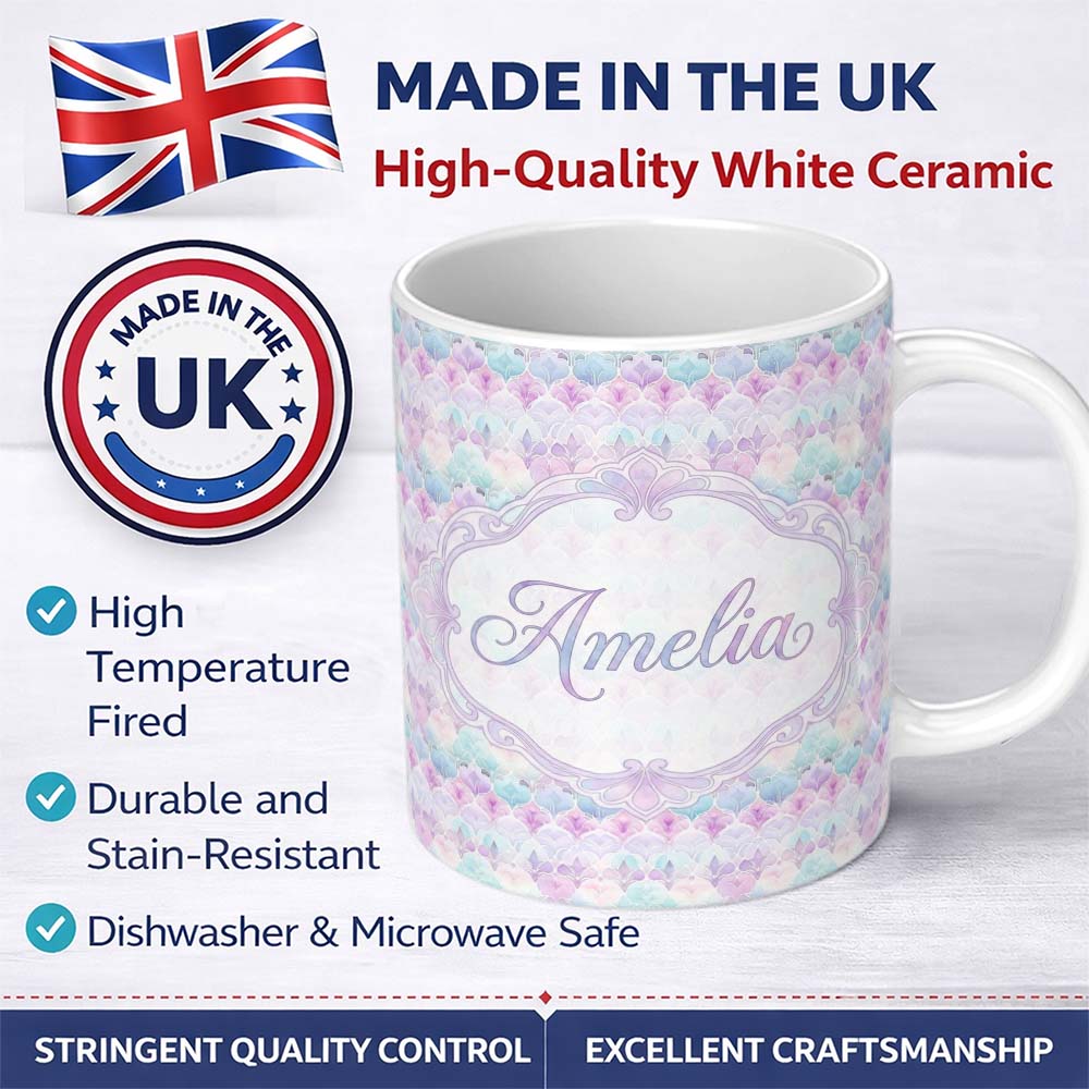 Personalized Custom Name Pastel Art Deco Floral Motif Soft Gradient Seamless Pattern Lovely 11oz Ceramic Coffee Tea Mug White Large Handle