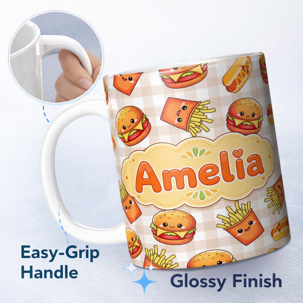 Personalized Custom Name Kawaii Burger Fries Hotdog Fast Food Beige Gingham Seamless Pattern 11oz Ceramic Coffee Tea Mug White Large Handle