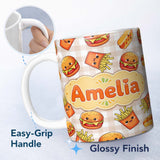 Personalized Custom Name Kawaii Burger Fries Hotdog Fast Food Beige Gingham Seamless Pattern 11oz Ceramic Coffee Tea Mug White Large Handle