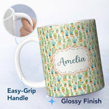 Personalized Custom Name Soft Watercolor Potted Cactus Succulent Garden Seamless Pattern 11oz Ceramic Coffee Tea Mug White Large Handle