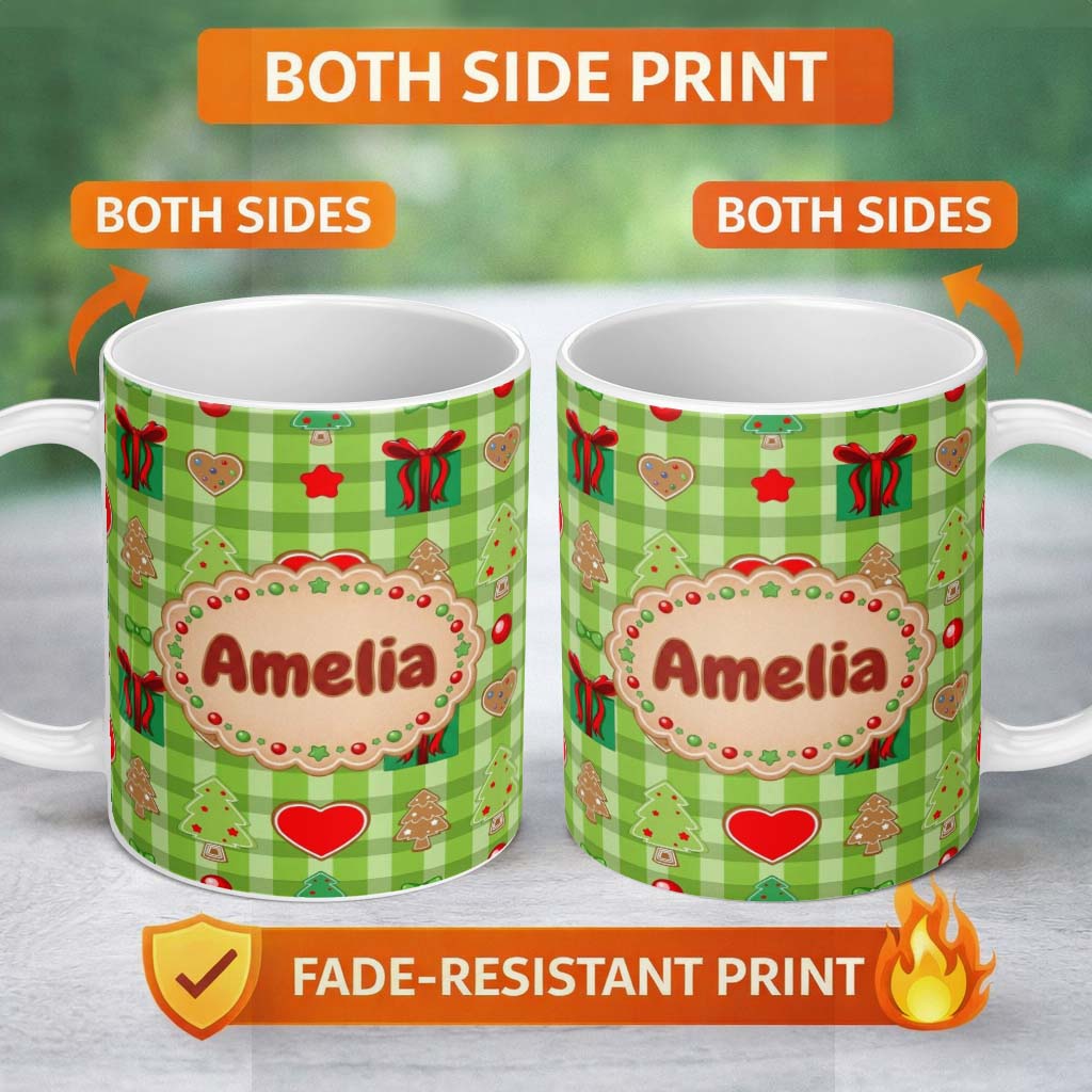Personalized Custom Name Cute Christmas Tree Gift Heart Plaid Seamless Pattern Festive Lovely 11oz Ceramic Coffee Tea Mug White Large Handle