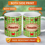 Personalized Custom Name Cute Christmas Tree Gift Heart Plaid Seamless Pattern Festive Lovely 11oz Ceramic Coffee Tea Mug White Large Handle