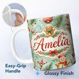 Personalized Custom Name Cute Gingerbread Snowman Candy Cane Winter Seamless Pattern Lovely 11oz Ceramic Coffee Tea Mug White Large Handle