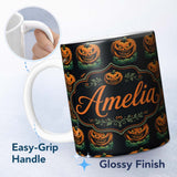 Personalized Custom Name Creepy Pumpkin Ocean Waves Dark Halloween Seamless Pattern Lovely 11oz Ceramic Coffee Tea Mug White Large Handle
