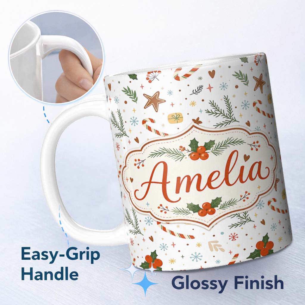 Personalized Custom Name Minimal Christmas Candy Cane Holly Leaves Seamless Pattern Lovely 11oz Ceramic Coffee Tea Mug White Large Handle