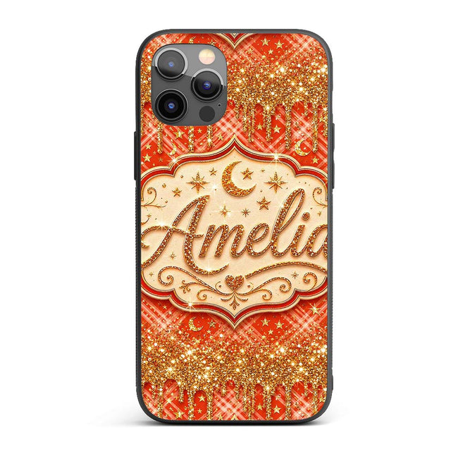 Gold Glitter Drip Red Plaid Star Seamless Pattern Custom Name Protective Phone Case Mobile Cover Durable Everyday Smartphone Shock Resistant