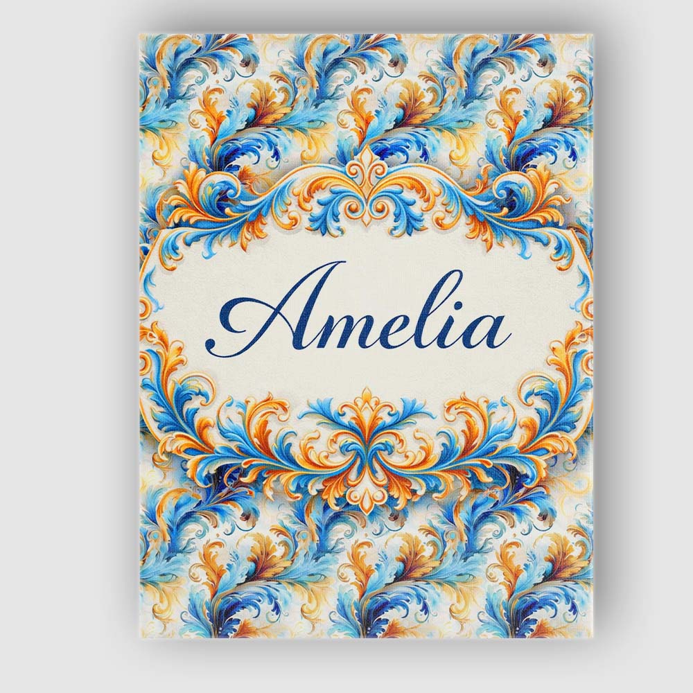 Personalised Name Blue Orange Baroque Floral Ornamental Decorative Custom  Unique Canvas Wall Art Print Decor Picture Ready to Hang