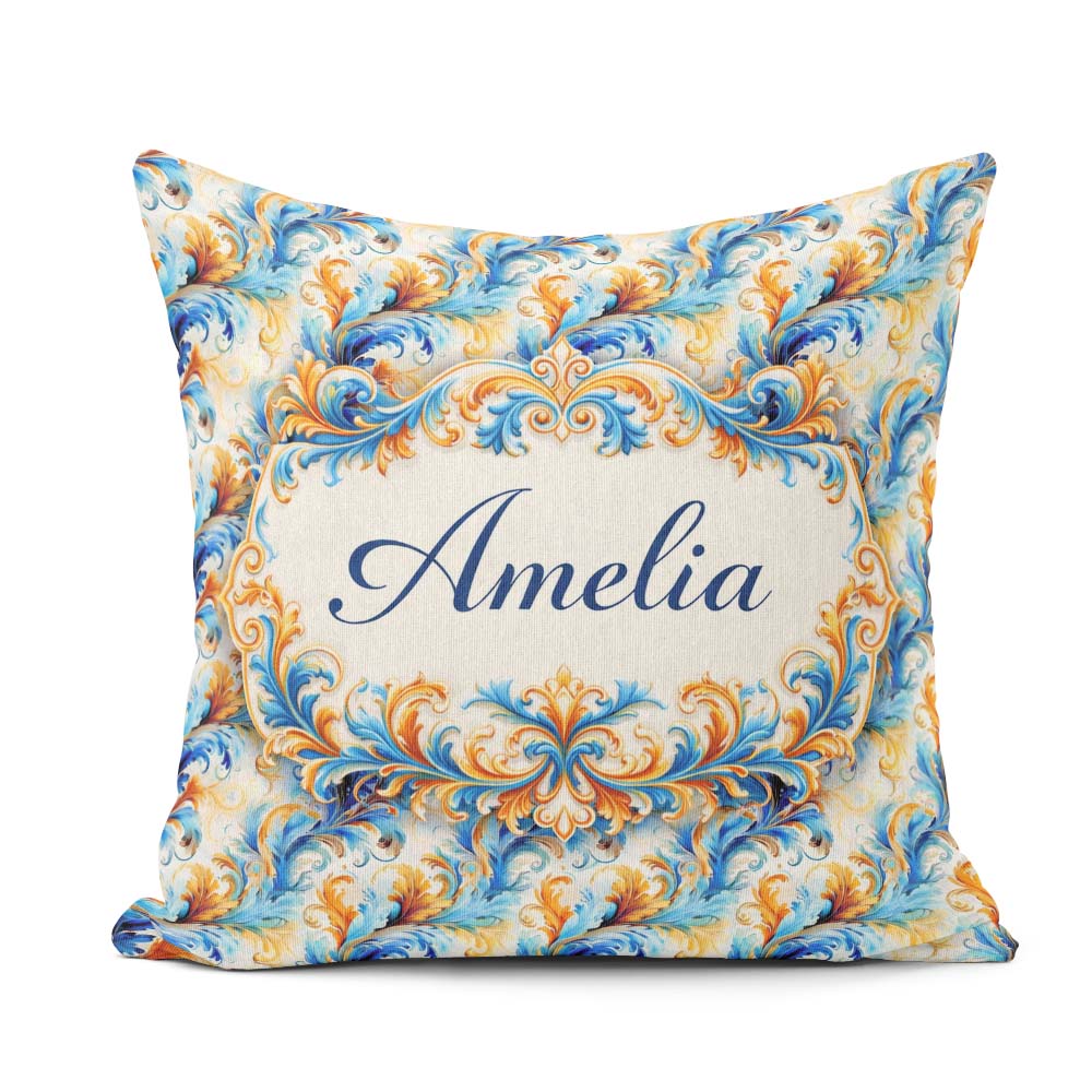 Custom Name Blue Orange Baroque Floral Ornamental Design Lovely Square Filled Cushion Throw Pillow Sofa Bed Home Decor Zip Washable UK Made