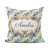 Custom Name Blue Orange Baroque Floral Ornamental Design Lovely Square Filled Cushion Throw Pillow Sofa Bed Home Decor Zip Washable UK Made