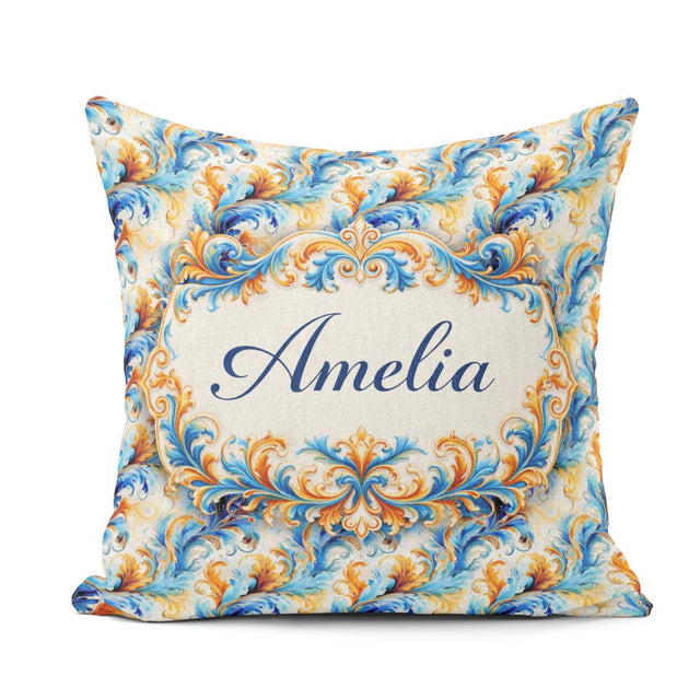 Custom Name Blue Orange Baroque Floral Ornamental Design Lovely Square Filled Cushion Throw Pillow Sofa Bed Home Decor Zip Washable UK Made