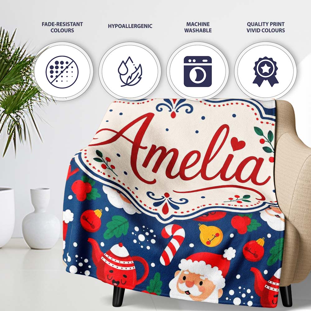 Cute Santa Teapot Candy Cane Seamless Pattern Design Fun Christmas  Personalised Custom Name Super Soft Fleece Blanket Bed Sofa Throw