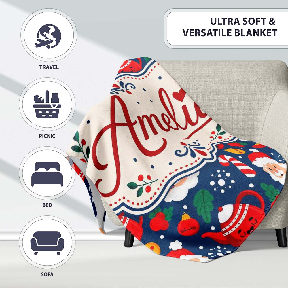 Cute Santa Teapot Candy Cane Seamless Pattern Design Fun Christmas  Personalised Custom Name Super Soft Fleece Blanket Bed Sofa Throw