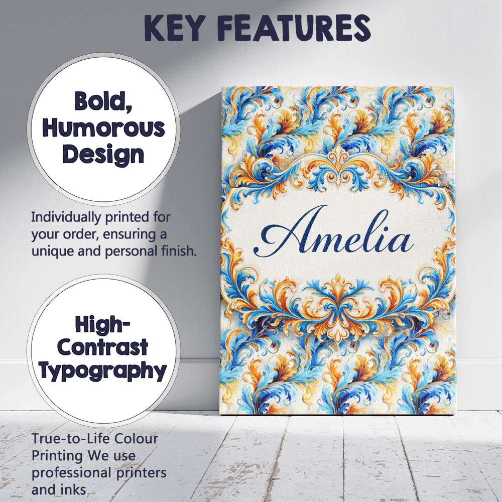 Personalised Name Blue Orange Baroque Floral Ornamental Decorative Custom  Unique Canvas Wall Art Print Decor Picture Ready to Hang