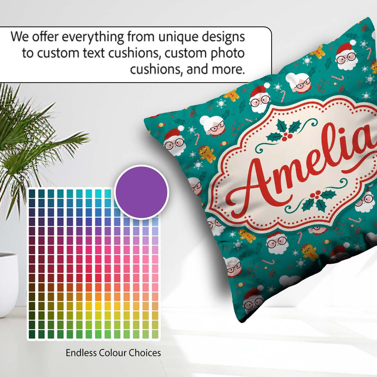 Custom Name Cute Santa Mrs Claus Seamless Pattern Design Festive Square Filled Cushion Throw Pillow Sofa Bed Home Decor Zip Washable UK Made