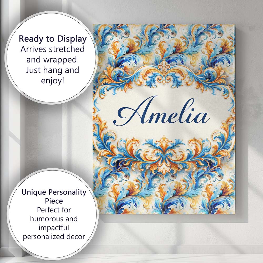 Personalised Name Blue Orange Baroque Floral Ornamental Decorative Custom  Unique Canvas Wall Art Print Decor Picture Ready to Hang