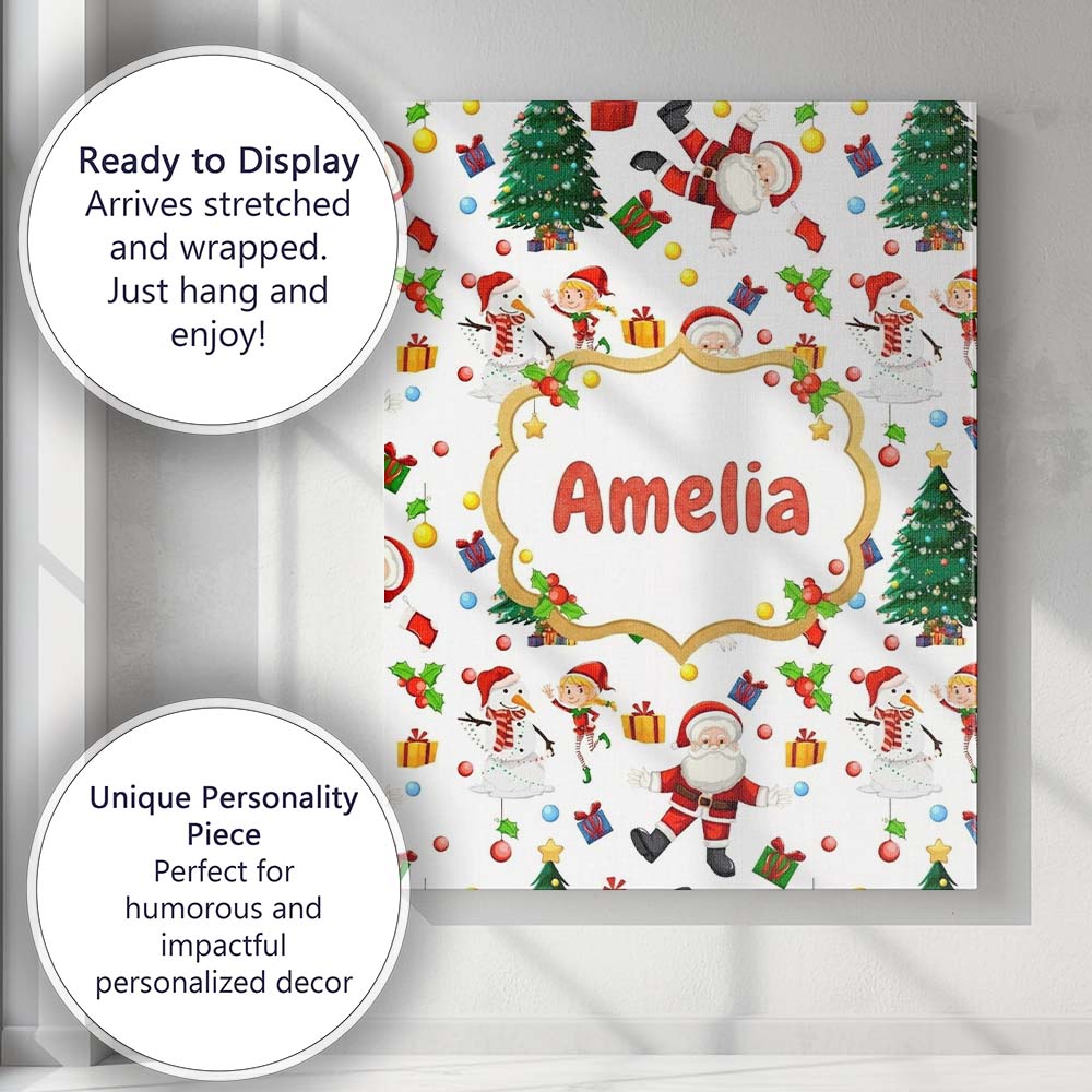 Personalised Name Santa Snowman Christmas Custom  Unique Gift Idea Elegant Feature Canvas Wall Art Print Decor Picture Ready to Hang