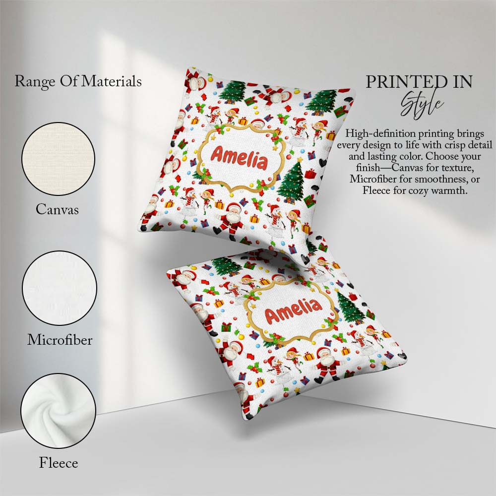 Custom Name Santa Snowman Christmas Tree Seamless Pattern Design Square Filled Cushion Throw Pillow Sofa Bed Home Decor Zip Washable UK Made