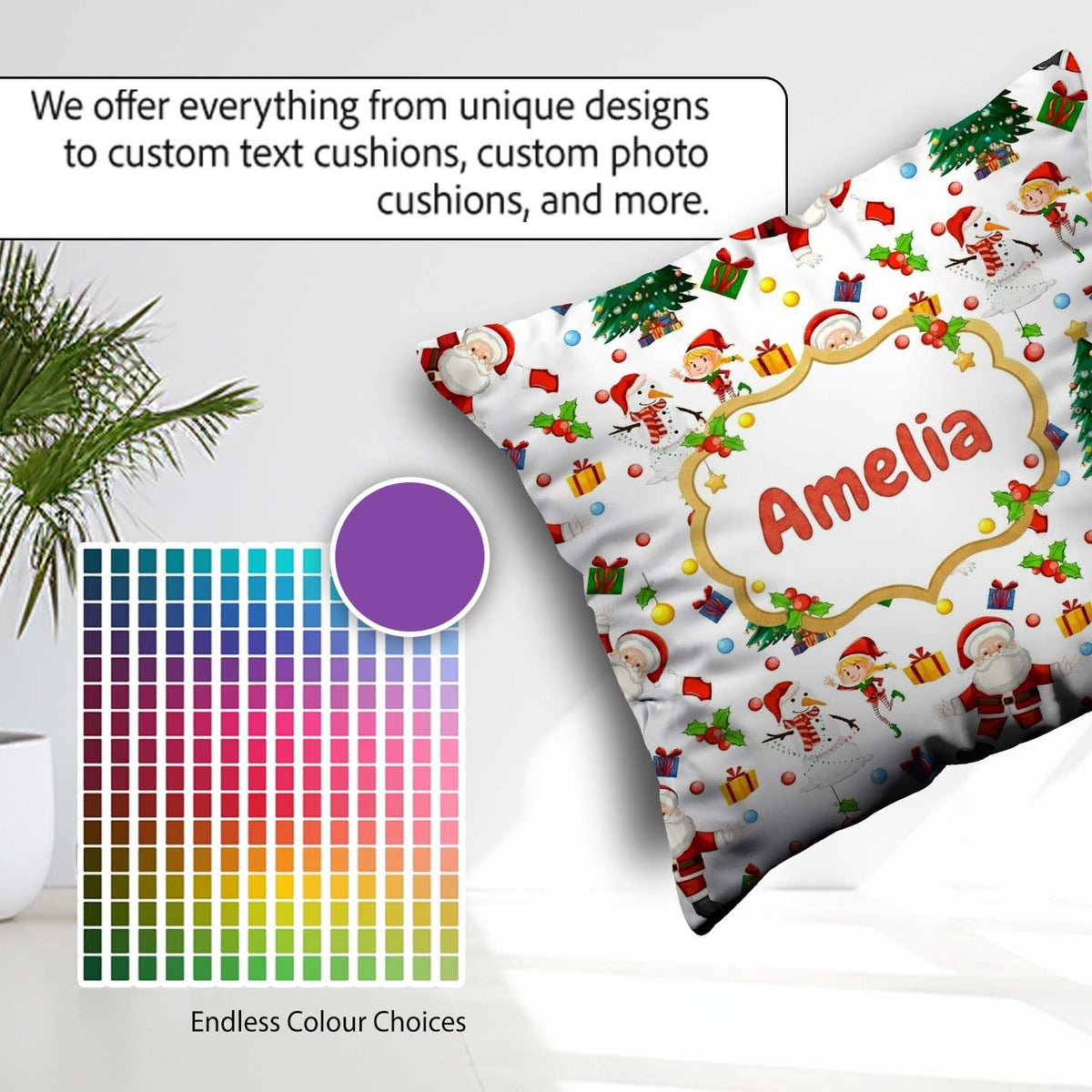 Custom Name Santa Snowman Christmas Tree Seamless Pattern Design Square Filled Cushion Throw Pillow Sofa Bed Home Decor Zip Washable UK Made