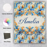 Personalised Name Blue Orange Baroque Floral Ornamental Decorative Custom  Unique Canvas Wall Art Print Decor Picture Ready to Hang