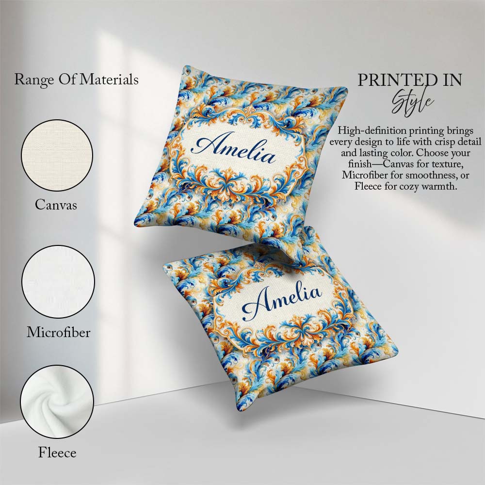 Custom Name Blue Orange Baroque Floral Ornamental Design Lovely Square Filled Cushion Throw Pillow Sofa Bed Home Decor Zip Washable UK Made