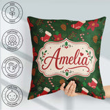 Custom Name Christmas Stocking Candy Poinsettia Seamless Pattern Square Filled Cushion Throw Pillow Sofa Bed Home Decor Zip Washable UK Made
