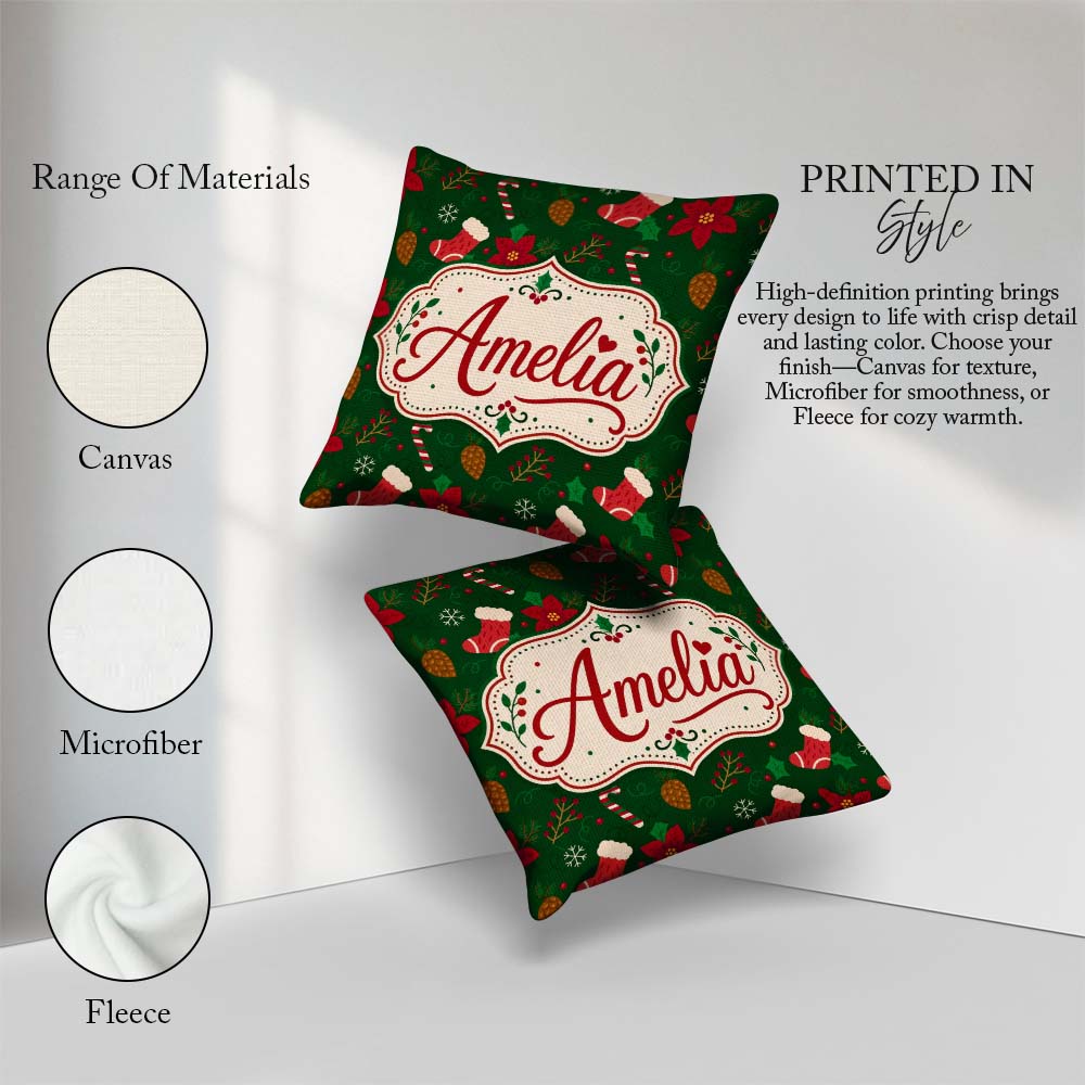 Custom Name Christmas Stocking Candy Poinsettia Seamless Pattern Square Filled Cushion Throw Pillow Sofa Bed Home Decor Zip Washable UK Made